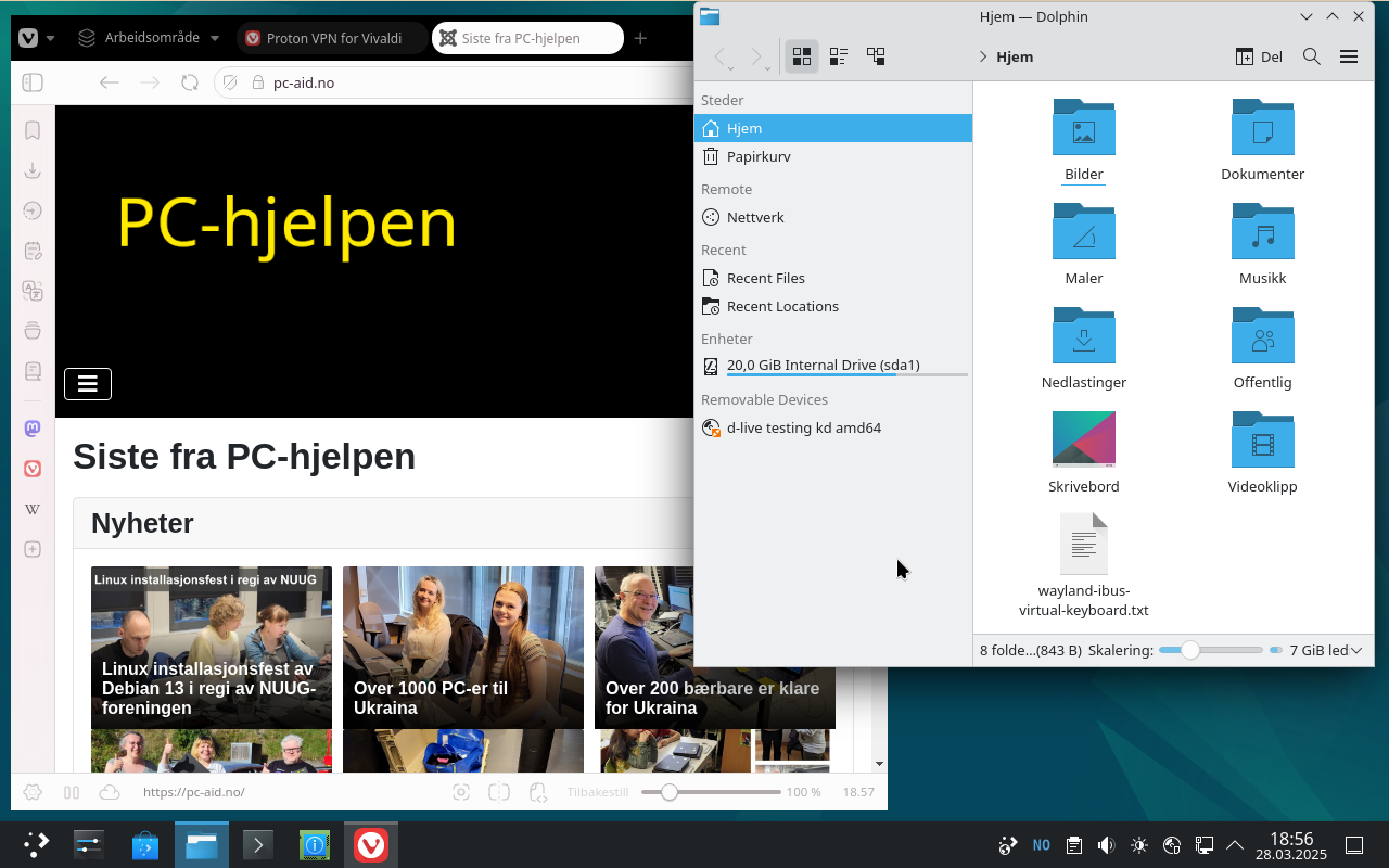 Linux skrivebord med KDE 6 og nettleseren Vivaldi
